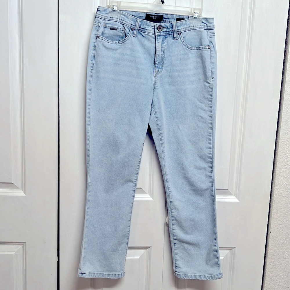 Nine West Faded Blue White Stripe Denim Mid Rise 5 Pocket Crop Jeans Size 6